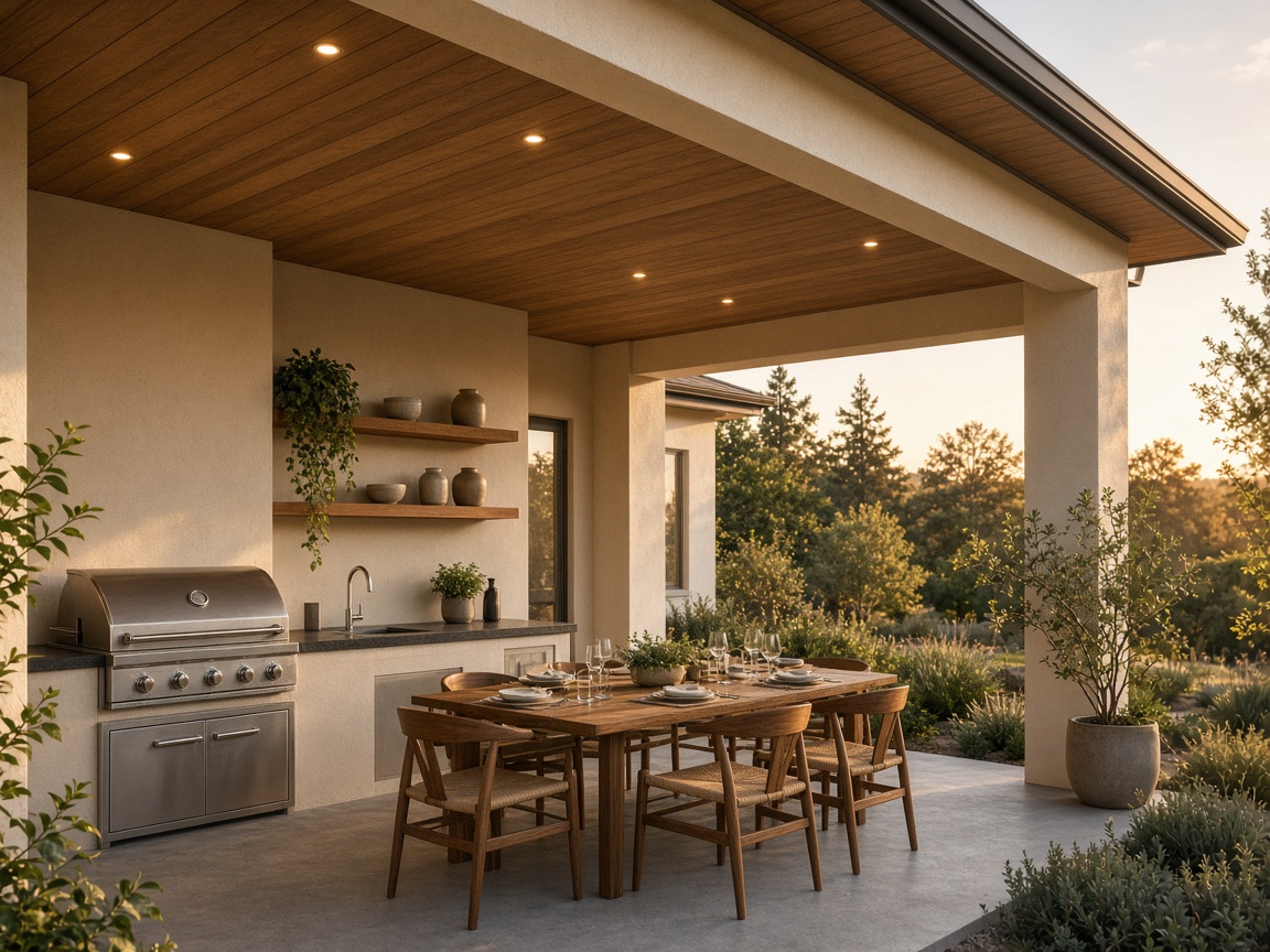 Insulated patio cover with a finished ceiling over an outdoor kitchen at dusk