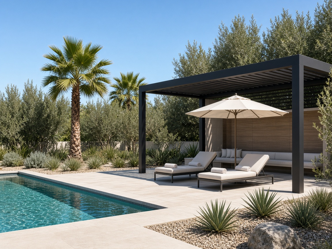 Open-slat lattice pergola over a poolside seating area casting striped shade