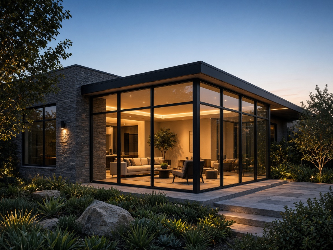 Glass sunroom enclosure glowing warm at dusk beside a modern California home